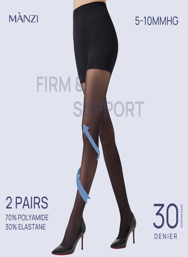MANZI 2 Pairs Sheer Compression Pantyhose for Women 5-10mmHg Support Compression Stockings 30D Shaping Tights(Black,L) - Image 2